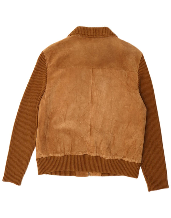 Vintage Womens Suede Bomber Jacket IT 50 XL Beige Colourblock Leather