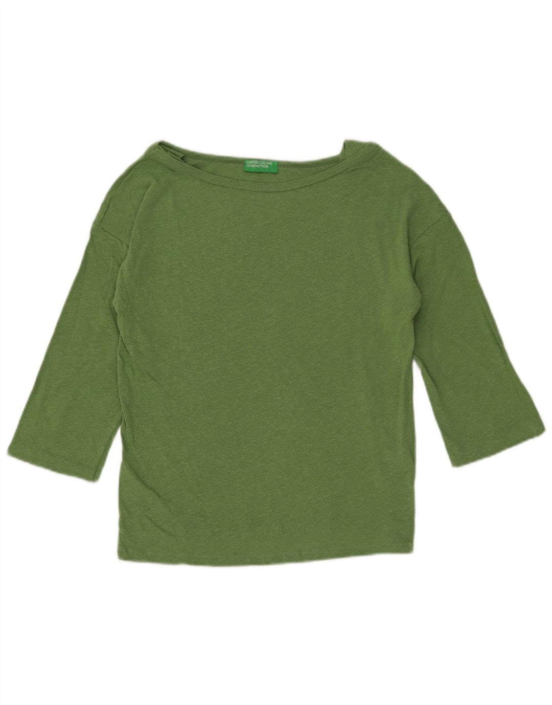 Top cropped feminino BENETTON manga 3/4 Reino Unido 12 algodão manchado verde médio