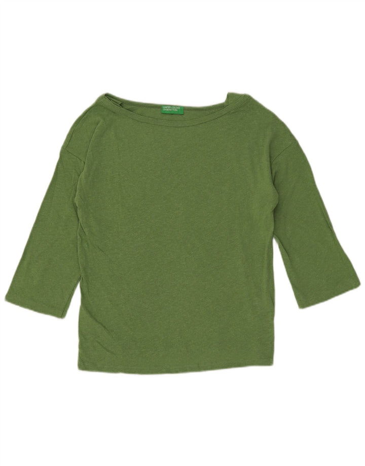 Top cropped feminino BENETTON manga 3/4 Reino Unido 12 algodão manchado verde médio