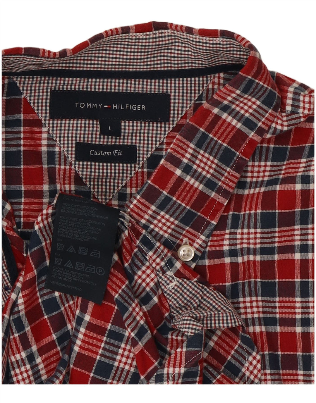 Camisa masculina Tommy Hilfiger Custom Fit grande algodão xadrez vermelho