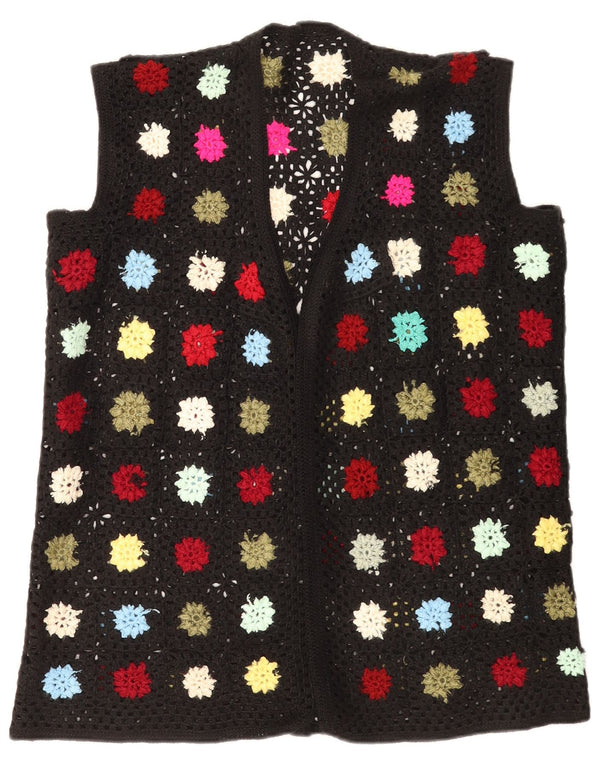 Suéter cardigã de crochê feminino vintage sem mangas Reino Unido 16 grande preto floral