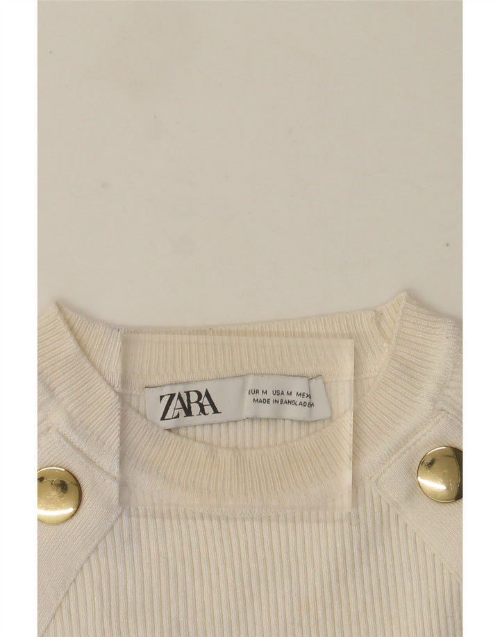 Suéter feminino Zara com gola redonda e gola redonda, Reino Unido 12 médio branco