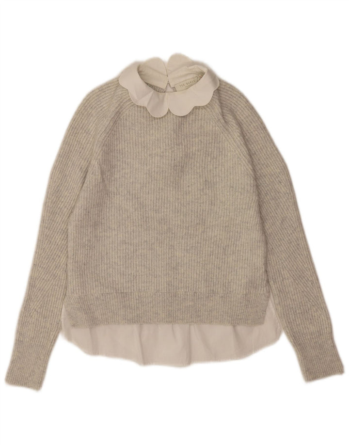 Suéter feminino Ted Baker com gola redonda grande EUA 0 2XS lã cinza