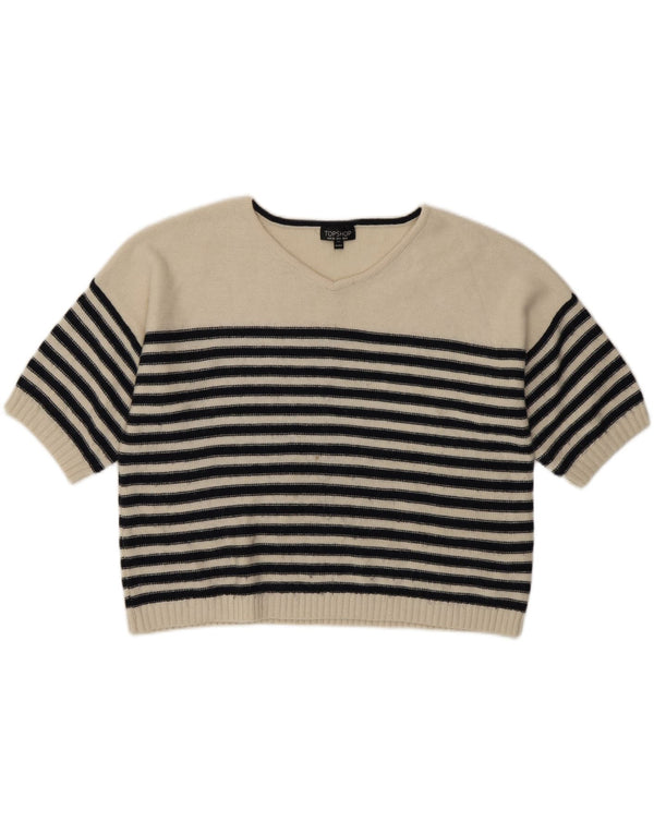 Suéter feminino Topshop de manga curta com decote em V Reino Unido 8 pequeno listrado branco