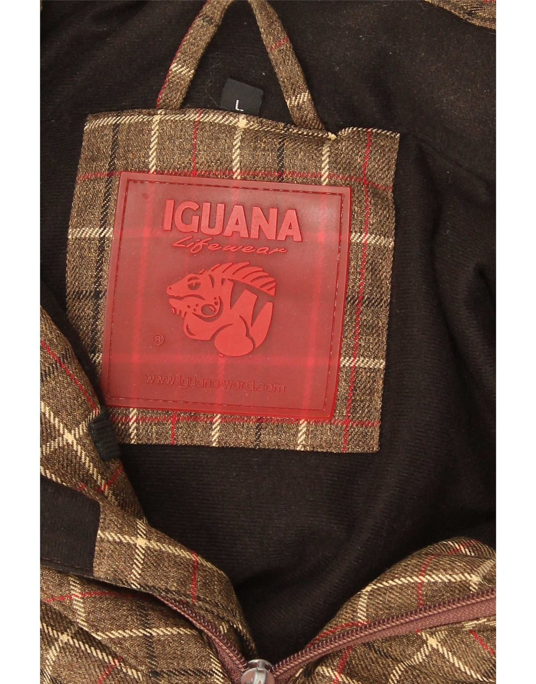 Jaqueta corta-vento encapuçado masculina Iguana Reino Unido 40 poliéster marrom grande com verificação