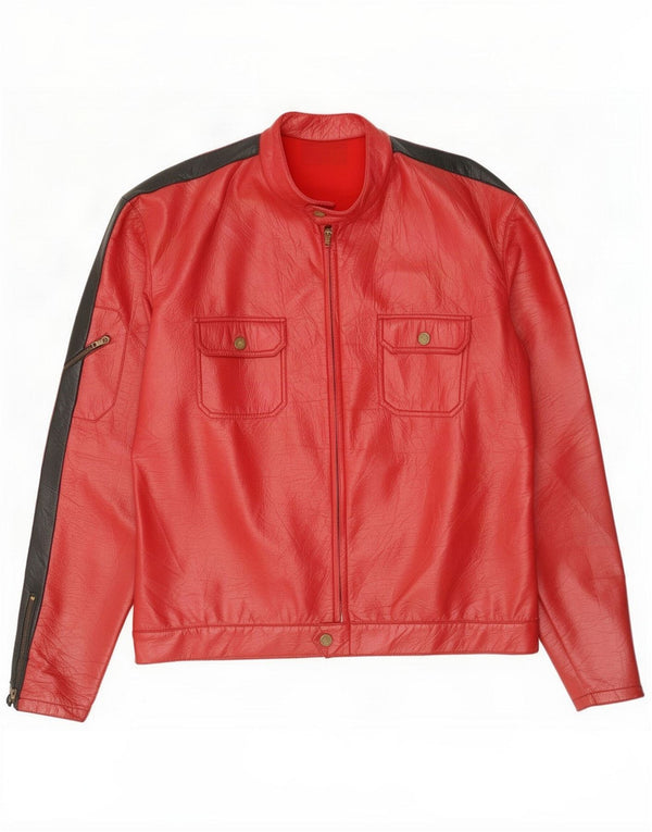 Jaqueta de couro masculina vintage UK 40 grande bloco de cores vermelho