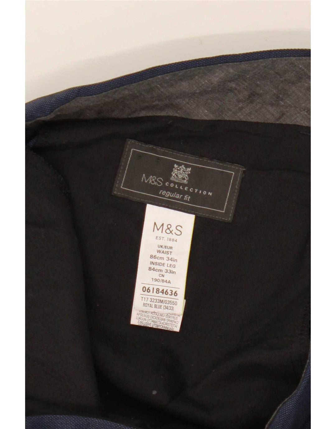 Calça masculina de ajuste regular Marks & Spencer W34 L33 azul marinho poliéster
