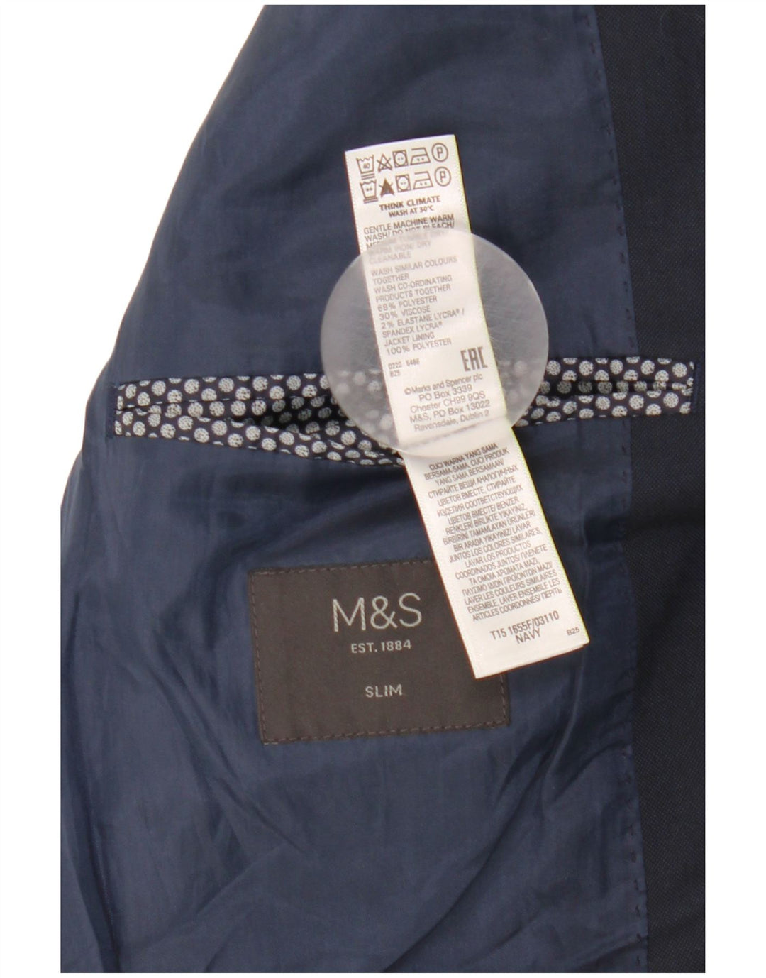Jaqueta Blazer Slim Masculina de 2 Botões Marks & Spencer Reino Unido 38 Azul Marinho Médio