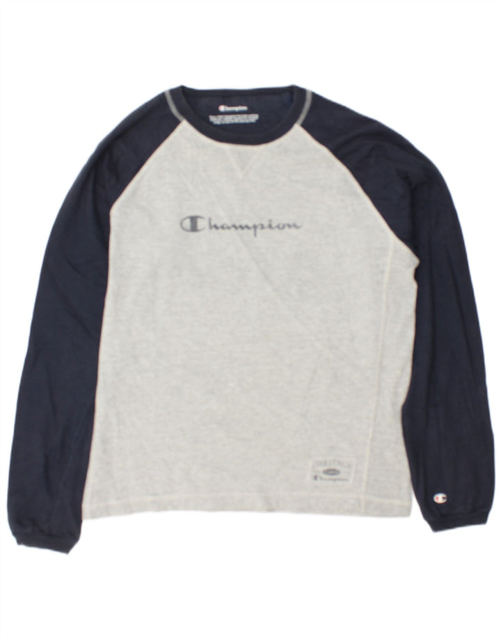 Top gráfico masculino Champion manga comprida cinza médio algodão colorblock