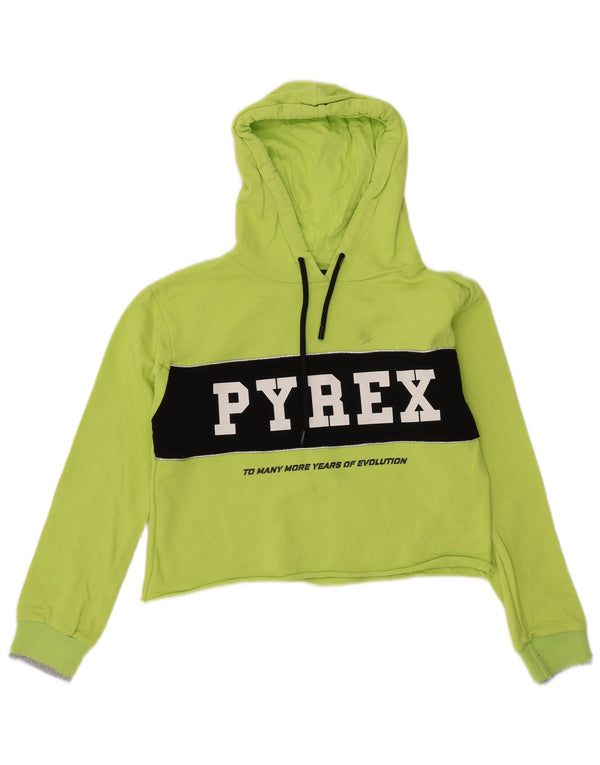 Suéter feminino Pyrex com capuz e estampa gráfica UK 14 bloco colorido verde médio