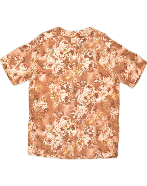 Blusa feminina VINTAGE manga curta Reino Unido 12 viscose floral marrom médio