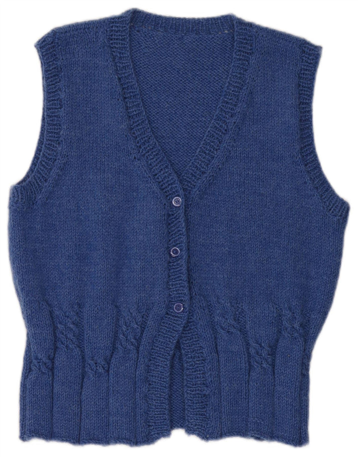 Suéter cardigã feminino vintage sem mangas UK 14 azul médio