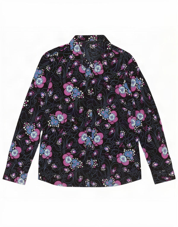 Blusa feminina vintage de manga comprida UK 16 grande floral multicolorida