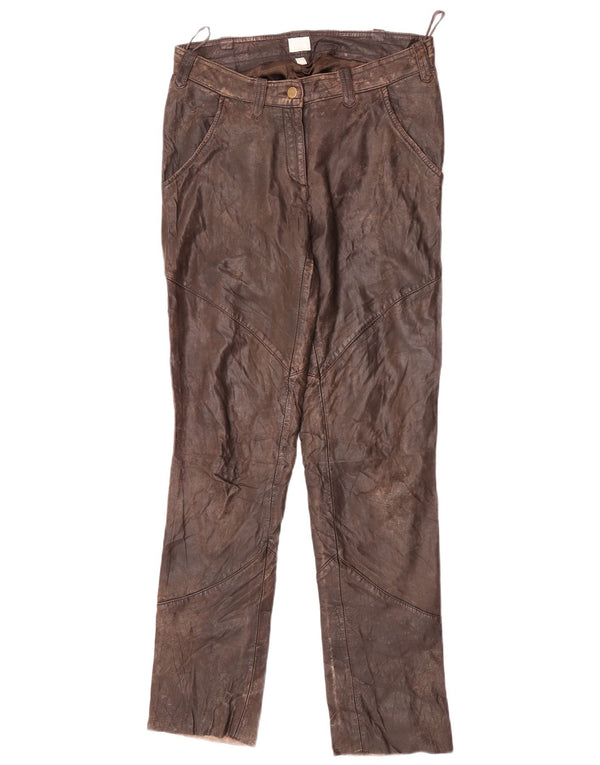 Calça feminina de couro slim Alba Moda UE 36 pequena W26 L32 marrom