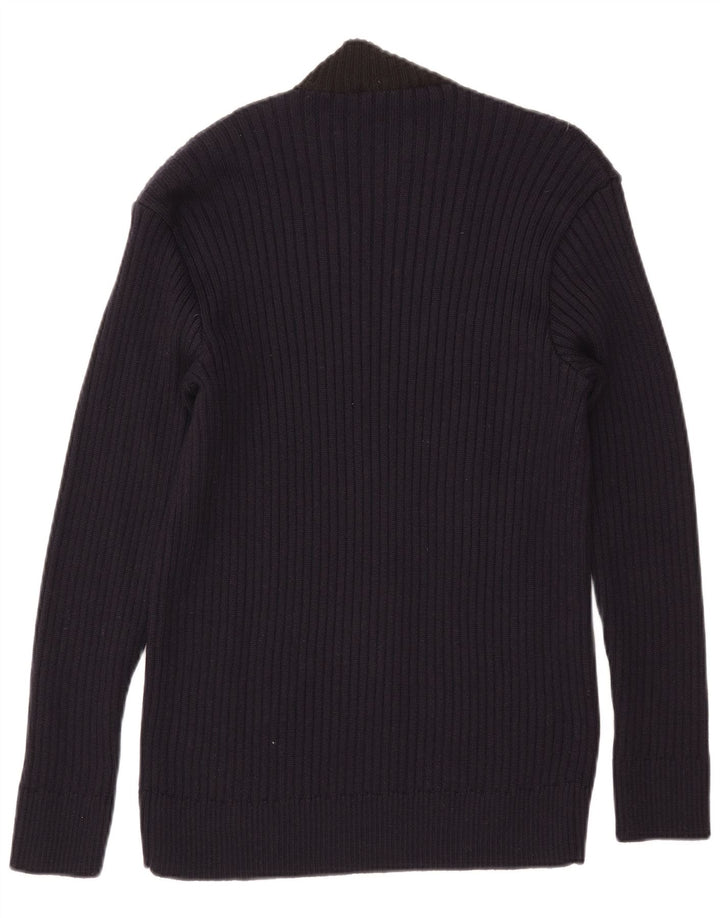 Suéter vintage masculino com gola tartaruga grande bloco colorido azul marinho