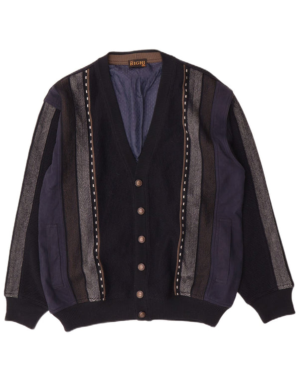 Suéter cardigã masculino vintage grande listrado azul marinho