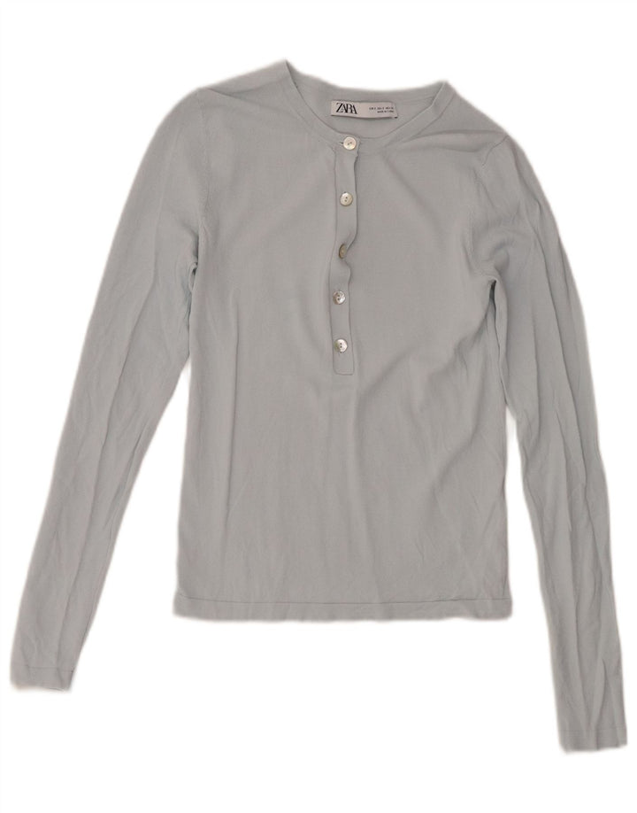 Top feminino Zara de manga comprida UK 8 pequeno azul viscose