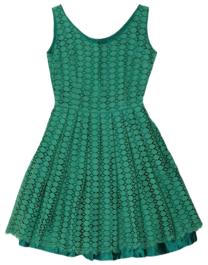 Vestido feminino VINTAGE sem mangas em linha A UK 10 pequeno verde