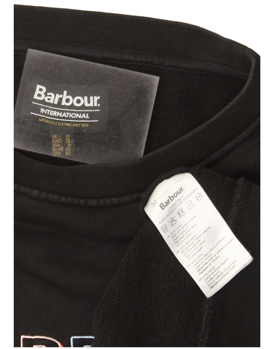 Suéter gráfico feminino Barbour UK 12 algodão preto médio