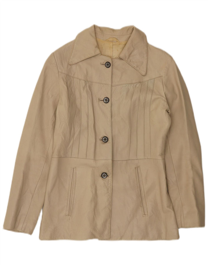 Jaqueta de couro feminina vintage UK 10 pequena bege