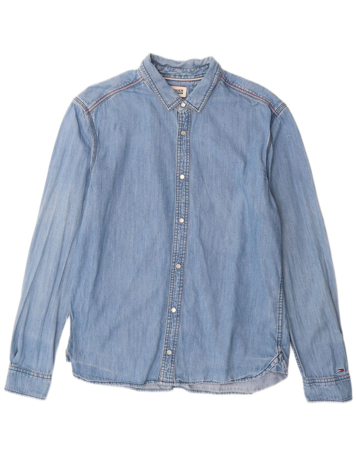Camisa jeans masculina Tommy Hilfiger grande algodão azul