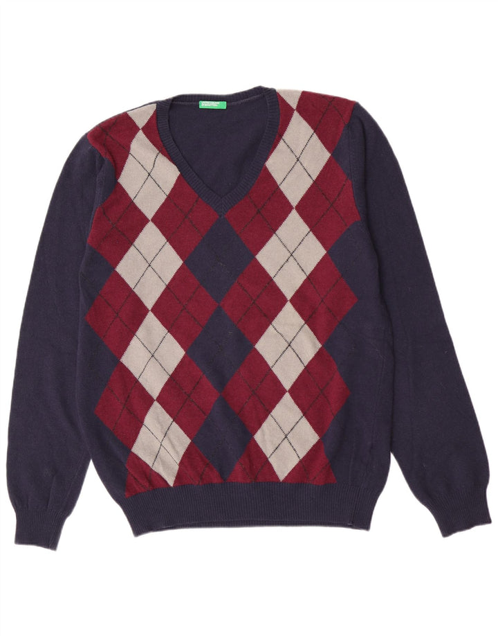 Suéter masculino Benetton com decote em V grande azul marinho Argyle/lã diamante