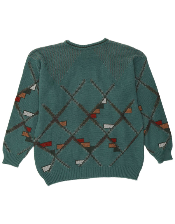 Suéter vintage masculino com gola redonda, verde médio geométrico