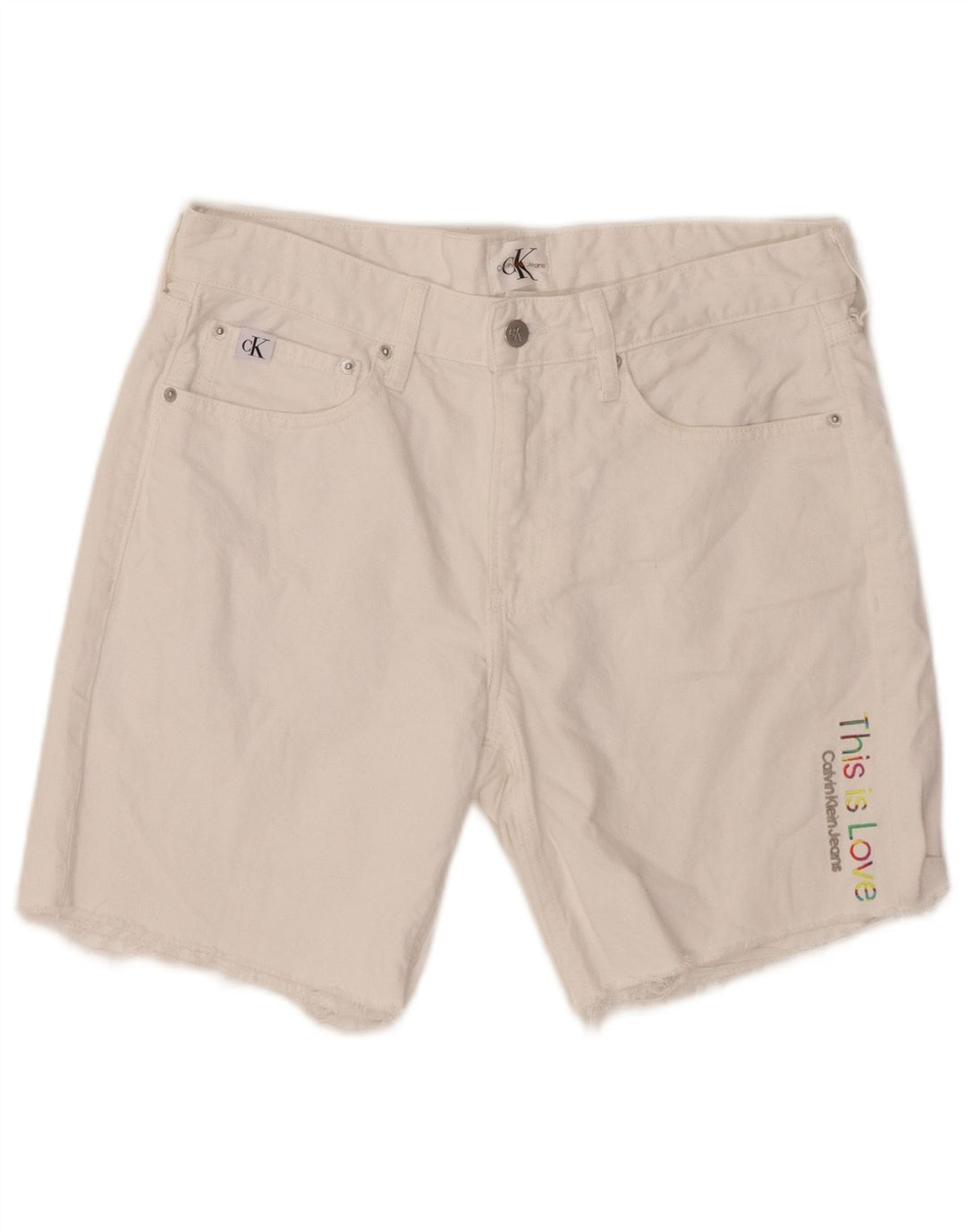CALVIN KLEIN Shorts jeans masculino gráfico W31 algodão branco médio