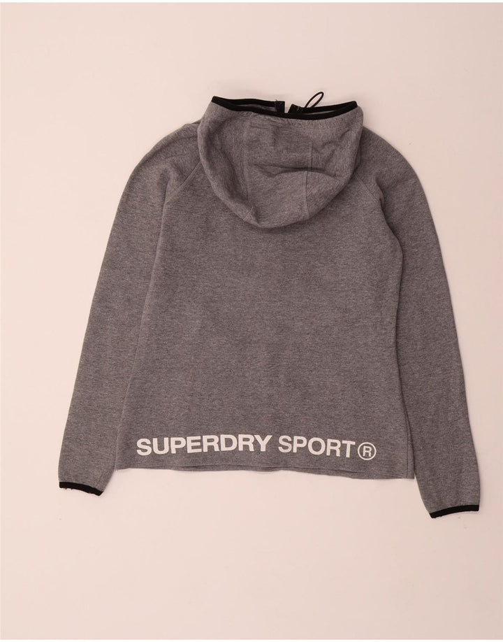 Suéter feminino SUPERDRY com capuz e zíper com gola gráfica UK 10 pequeno cinza