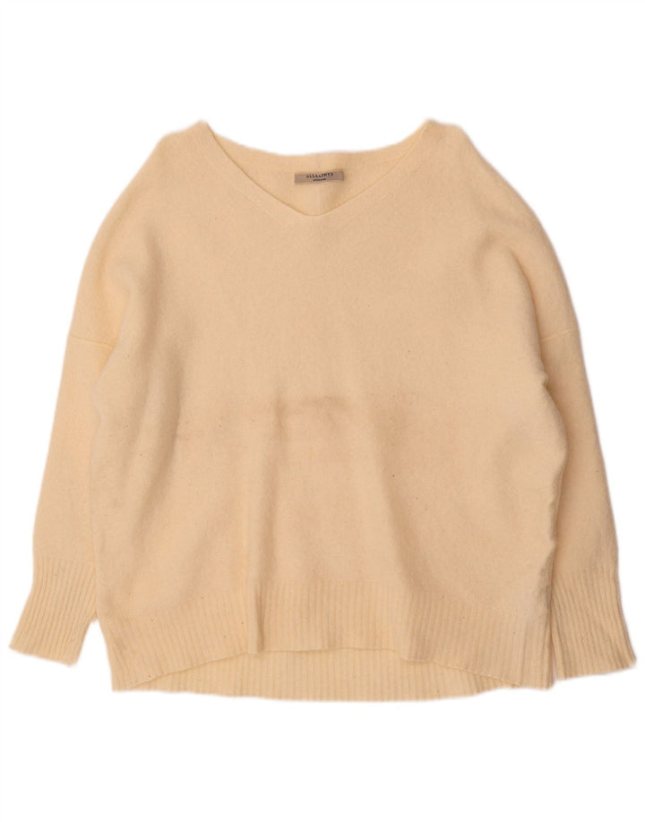 Suéter feminino All Saints com decote em V grande Reino Unido 14 lã bege médio