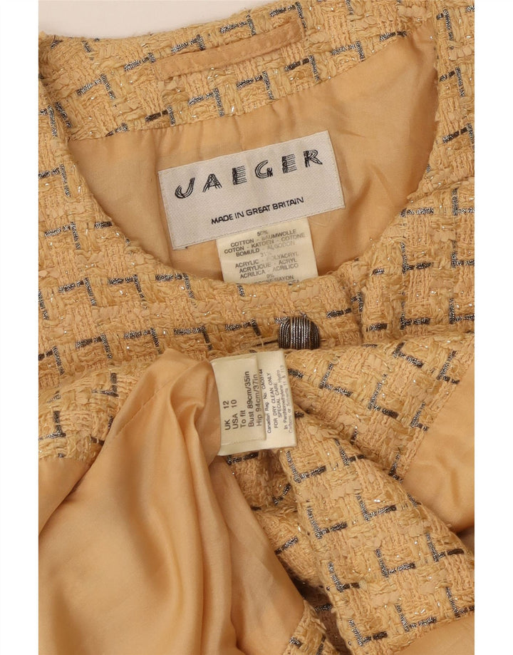 Jaqueta blazer feminina Jaeger com 5 botões Reino Unido 12 algodão geométrico amarelo médio