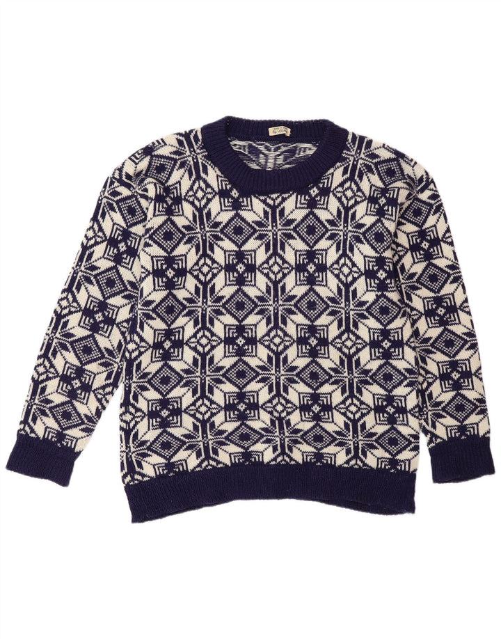 Suéter vintage masculino com gola redonda, médio azul marinho Fair Isle