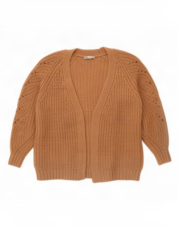 Suéter cardigã aberto grande Zara feminino Reino Unido 6 XS marrom acrílico