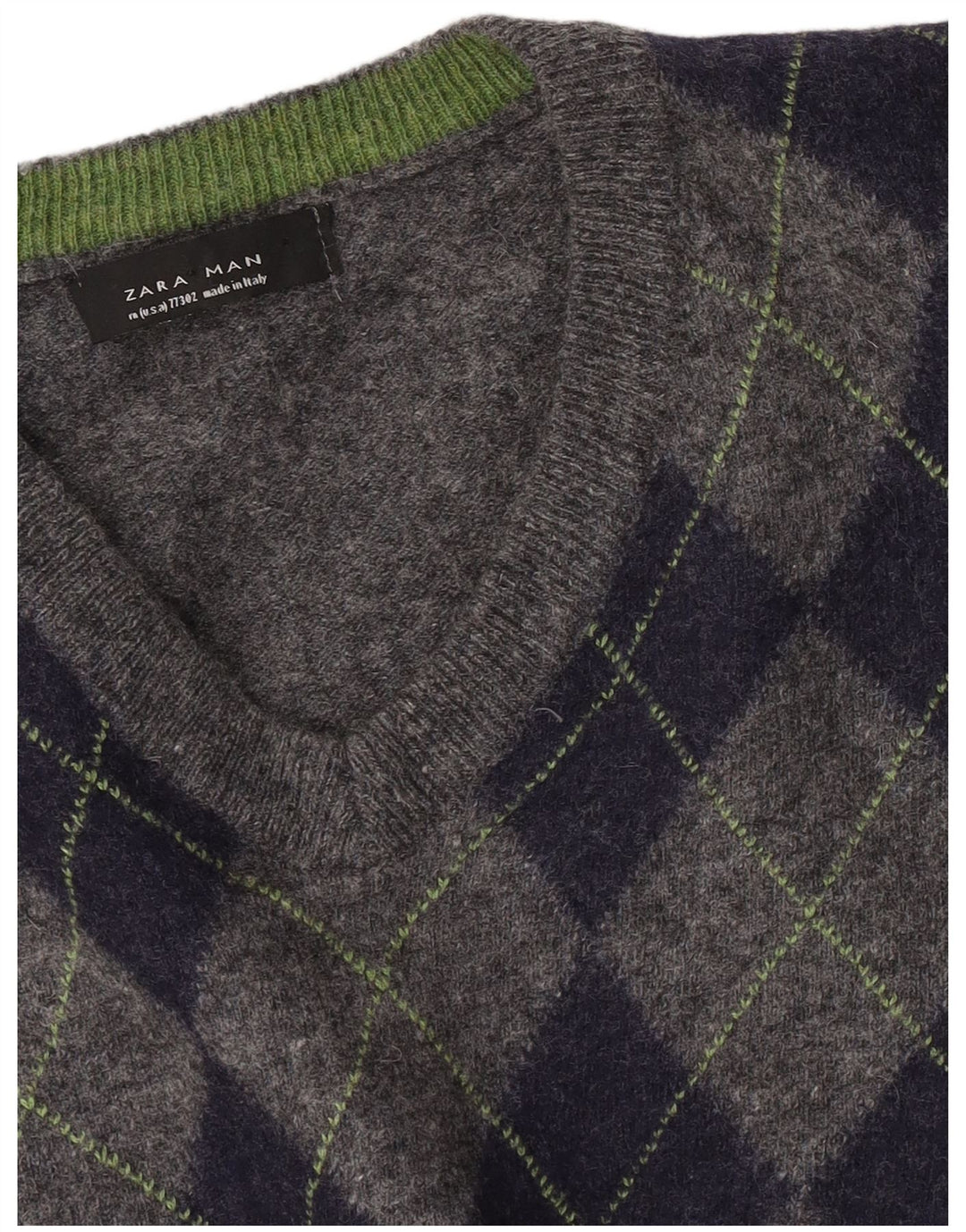 Zara Suéter masculino com decote em V cinza médio Argyle/Diamante