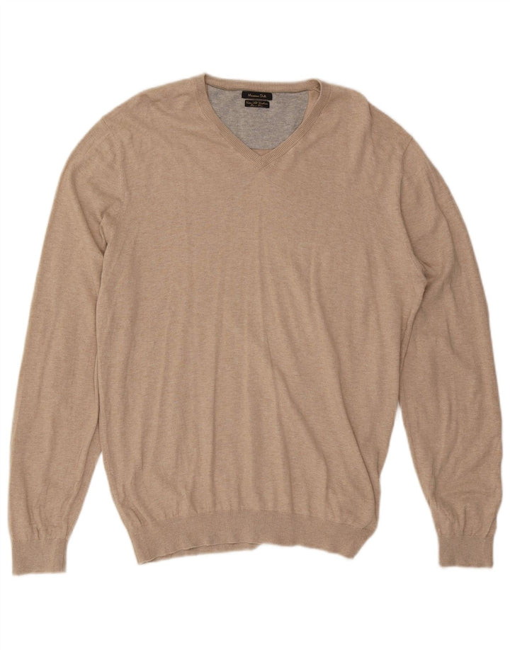 Suéter masculino Massimo Dutti com decote em V, grande algodão bege
