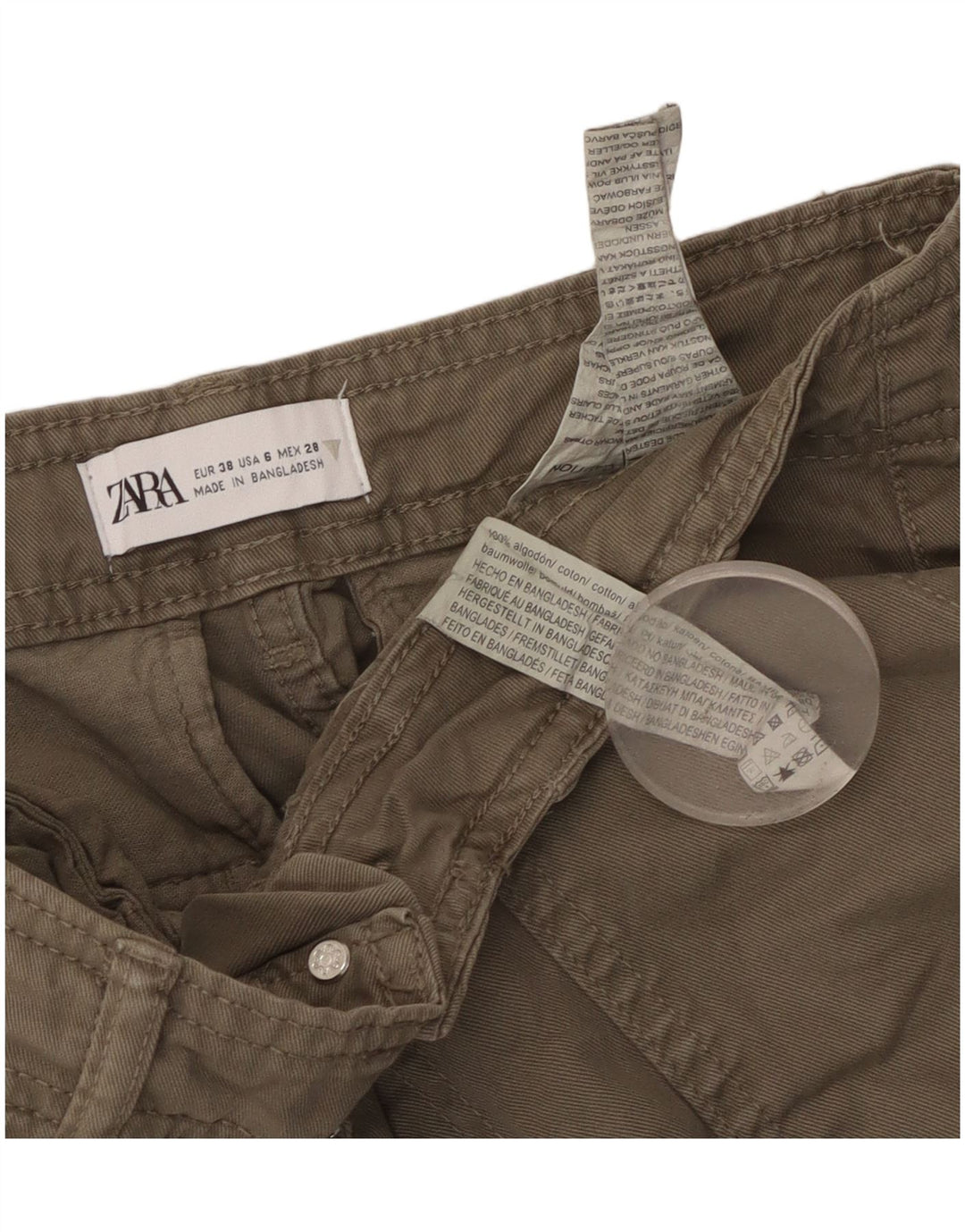 Calça cargo feminina reta ZARA UE 38 pequena W28 L30 algodão cáqui