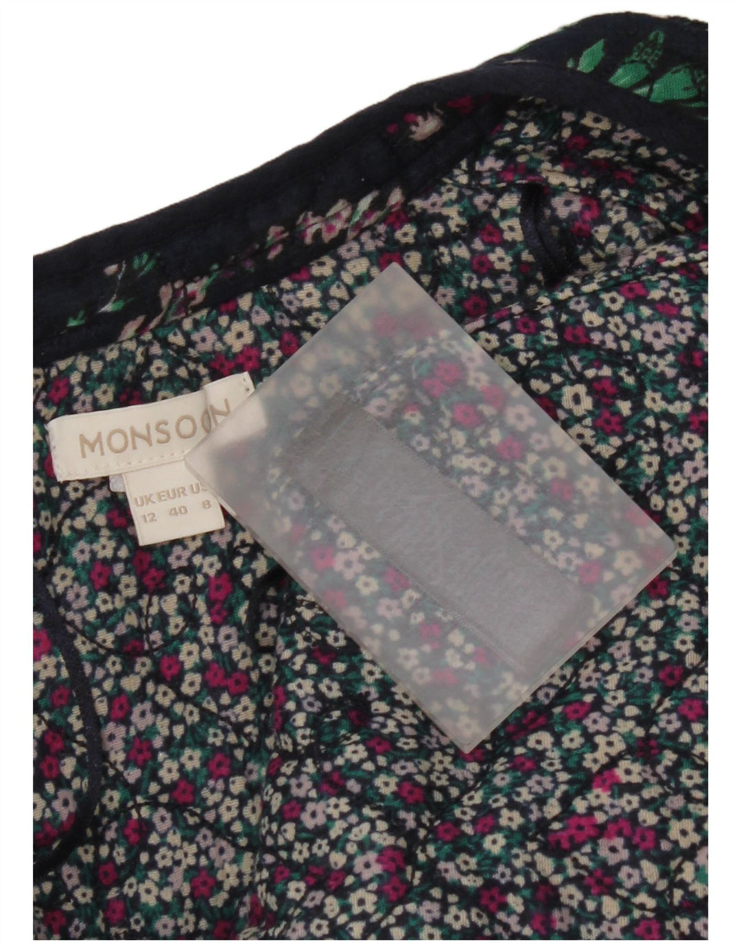 Jaqueta blazer aberta feminina Monsoon Reino Unido 12 algodão floral azul marinho médio