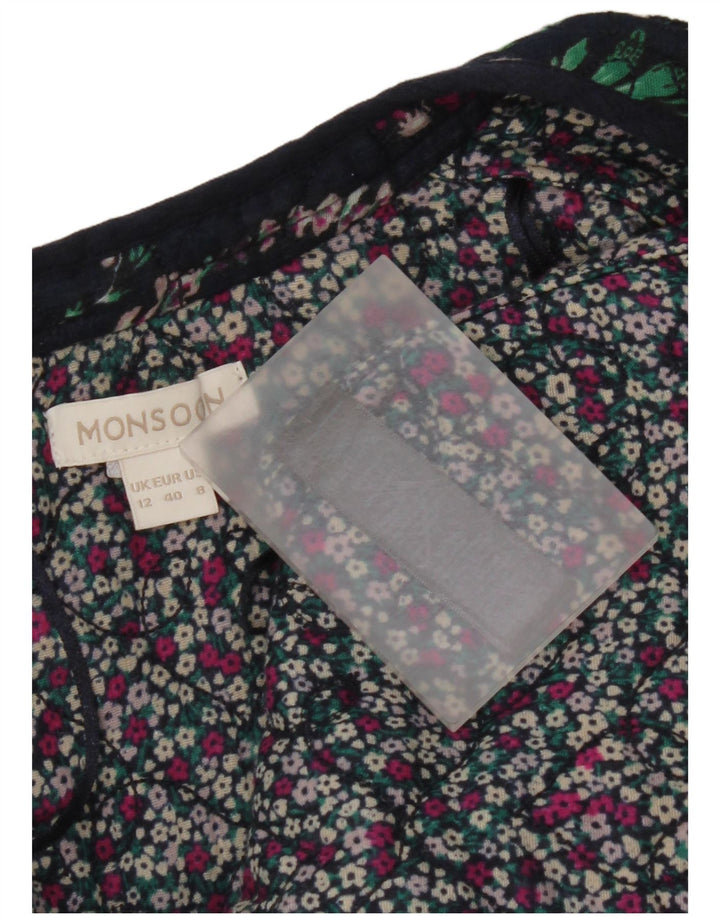Jaqueta blazer aberta feminina Monsoon Reino Unido 12 algodão floral azul marinho médio