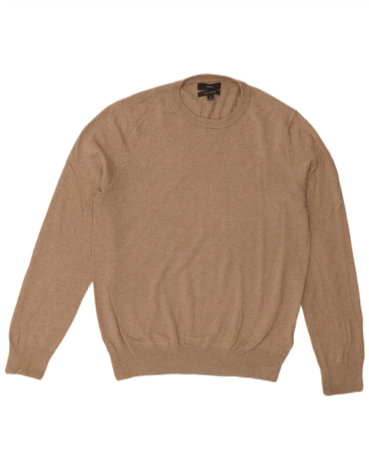 Suéter masculino Marks & Spencer com gola redonda, algodão bege médio