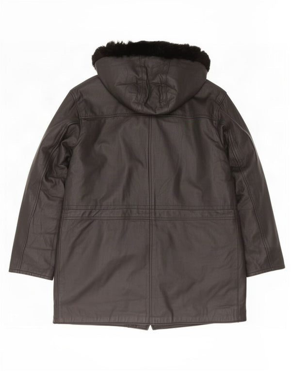 Casaco de couro grande com capuz feminino vintage UK 10 pequeno preto