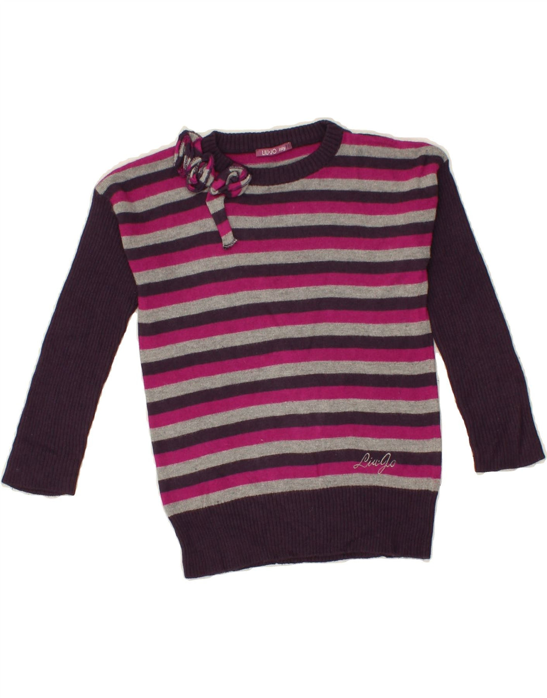 LIU JO Girls Boat Neck Jumper Sweater 4-5 Years Purple Striped Viscose Vintage Liu Jo and Second-Hand Liu Jo from Messina Hembry 