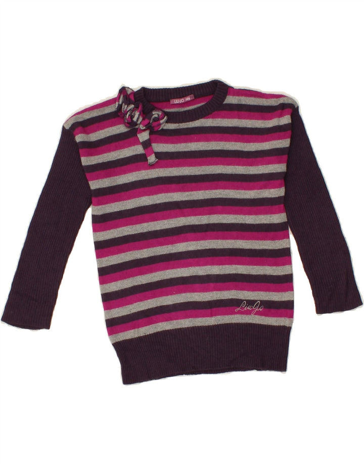 LIU JO Girls Boat Neck Jumper Sweater 4-5 Years Purple Striped Viscose Vintage Liu Jo and Second-Hand Liu Jo from Messina Hembry 