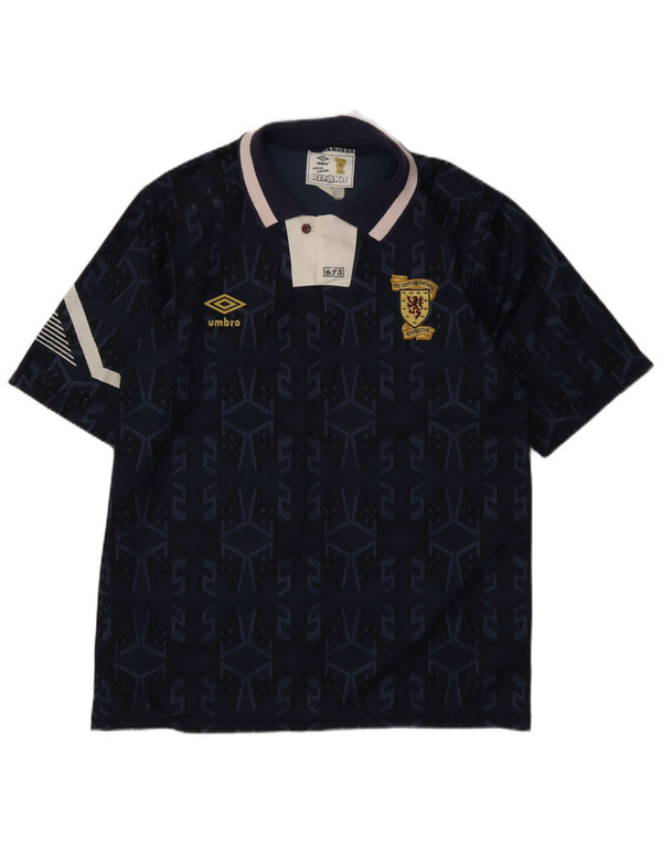 Camisa de futebol masculina Umbro Escócia 1991-1993 média azul marinho geométrica