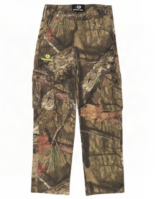 Calças cargo para meninos Mossy Oak 10-11 anos grandes W26 L25 camuflagem cáqui