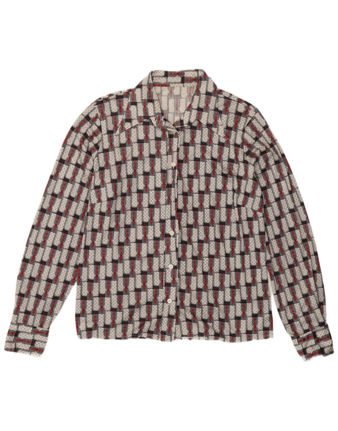 Camisa feminina vintage UK 16 grande geométrica multicolorida