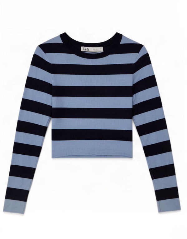 Zara Womens Crop Top Manga Longa Reino Unido 12 Médio Azul Marinho Listrado