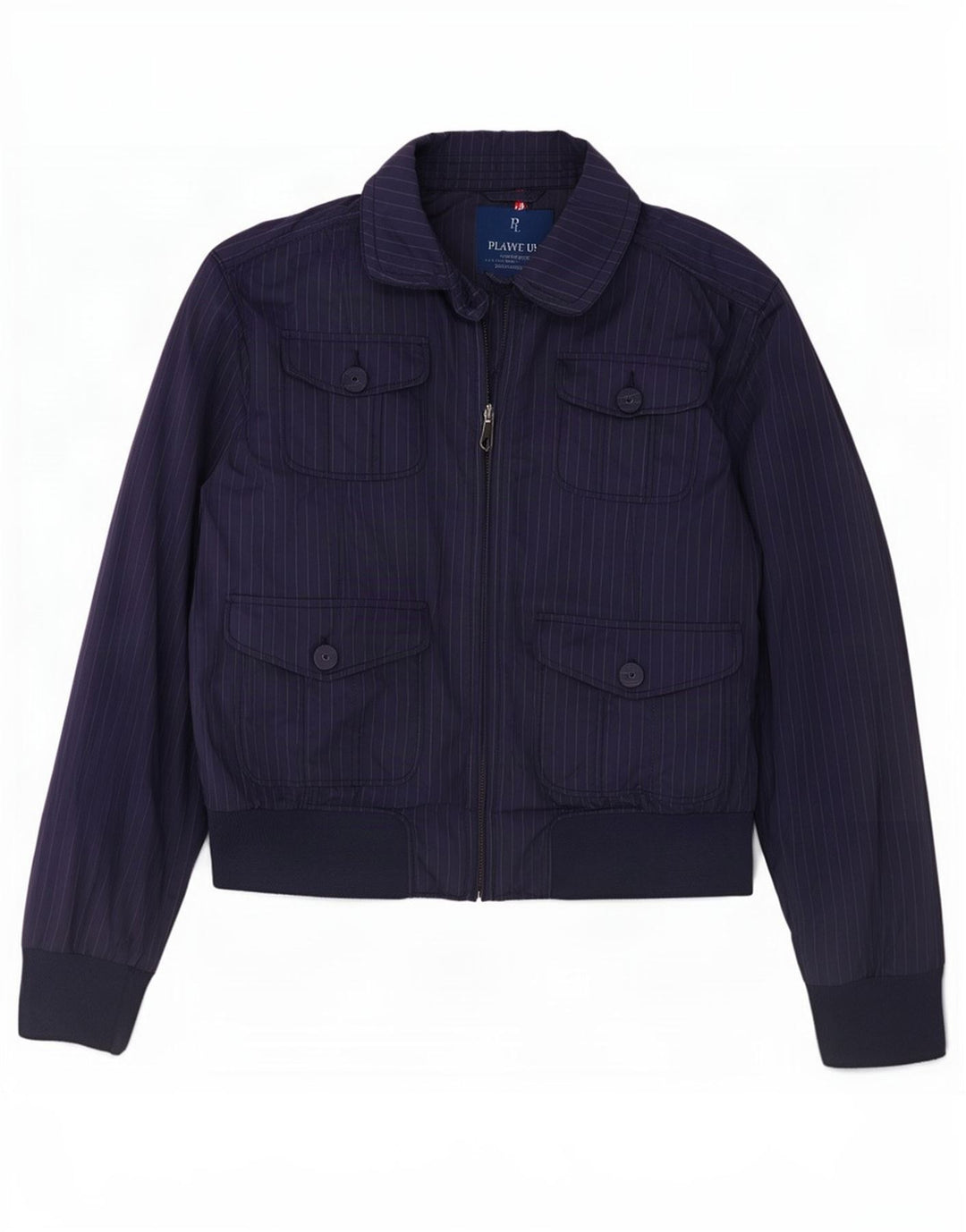 Jaqueta bomber feminina Playlife Reino Unido 16 grande poliéster listrado azul marinho