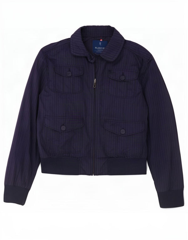 Jaqueta bomber feminina Playlife Reino Unido 16 grande poliéster listrado azul marinho