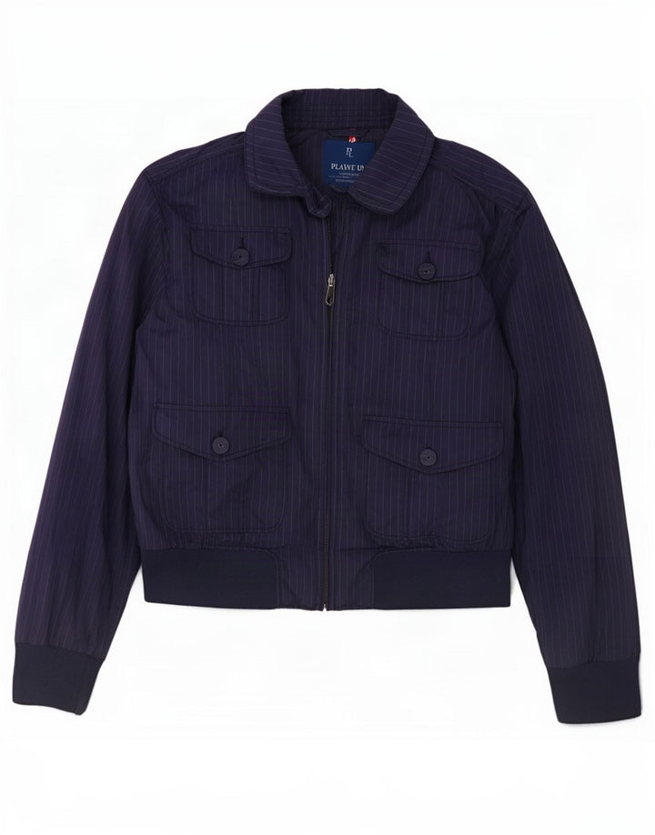 Jaqueta bomber feminina Playlife Reino Unido 16 grande poliéster listrado azul marinho