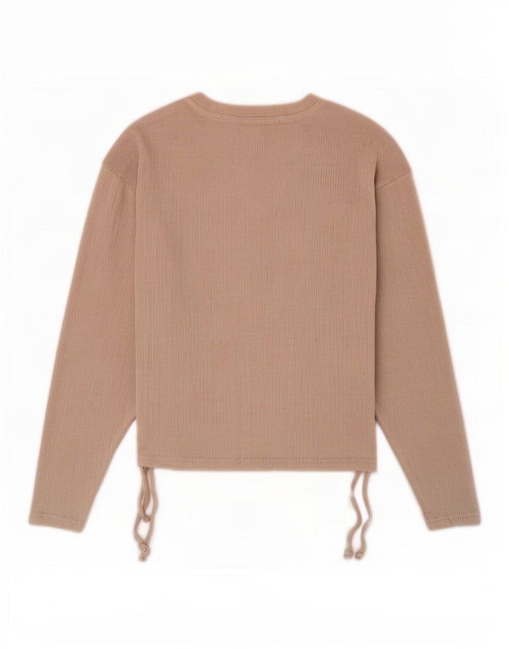 Top feminino Zara manga comprida UK 10 pequeno poliéster bege